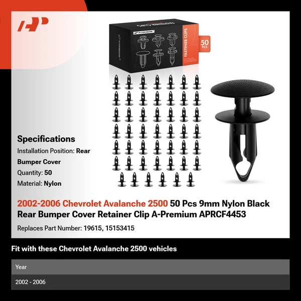 2002-2006 Chevrolet Avalanche 2500 50 Pcs 9mm Nylon Black Rear Bumper Cover Retainer Clip A-Premium APRCF4453