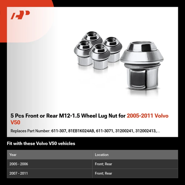 5 Pcs Front or Rear M12-1.5 Wheel Lug Nut for 2005-2011 Volvo V50