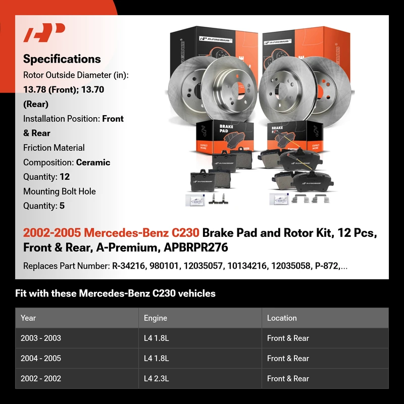 2002-2005 Mercedes-Benz C230 Brake Pad and Rotor Kit, 12 Pcs, Front & Rear, A-Premium, APBRPR276
