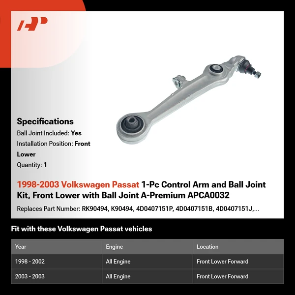 1998-2003 Volkswagen Passat 1-Pc Control Arm and Ball Joint Kit, Front Lower with Ball Joint A-Premium APCA0032