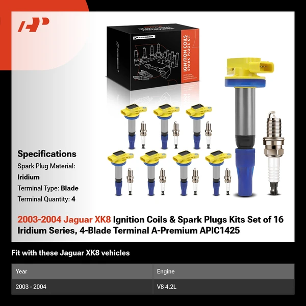 2003-2004 Jaguar XK8 Ignition Coils & Spark Plugs Kits Set of 16 Iridium Series, 4-Blade Terminal A-Premium APIC1425