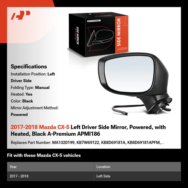 2017-2018 Mazda CX-5 Left Driver Side Mirror, Powered, with Heated, Black A-Premium APMI186