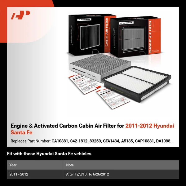 Engine & Activated Carbon Cabin Air Filter for 2011-2012 Hyundai Santa Fe
