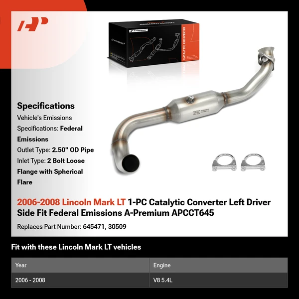 2006-2008 Lincoln Mark LT 1-PC Catalytic Converter Left Driver Side Fit Federal Emissions A-Premium APCCT645