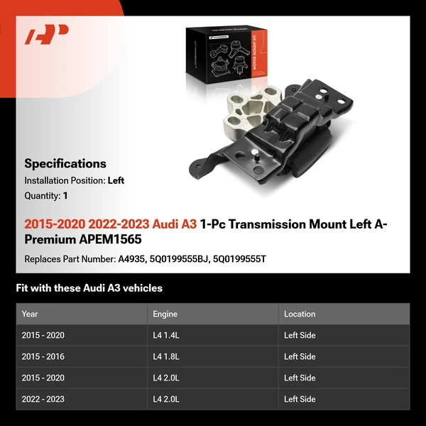 2015-2020 2022-2023 Audi A3 1-Pc Transmission Mount Left A-Premium APEM1565