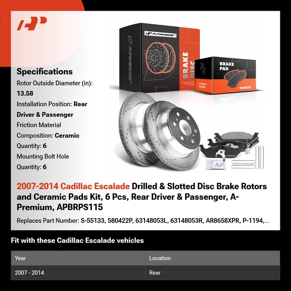 2007-2014 Cadillac Escalade Drilled & Slotted Disc Brake Rotors and Ceramic Pads Kit, 6 Pcs, Rear Driver & Passenger, A-Premium, APBRPS115