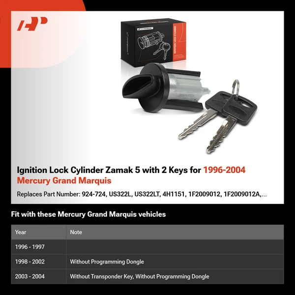 Ignition Lock Cylinder Zamak 5 with 2 Keys for 1996-2004 Mercury Grand Marquis