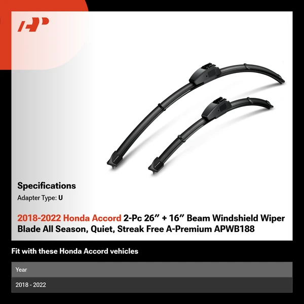 2018-2022 Honda Accord 2-Pc 26″ + 16″ Beam Windshield Wiper Blade All Season, Quiet, Streak Free A-Premium APWB188