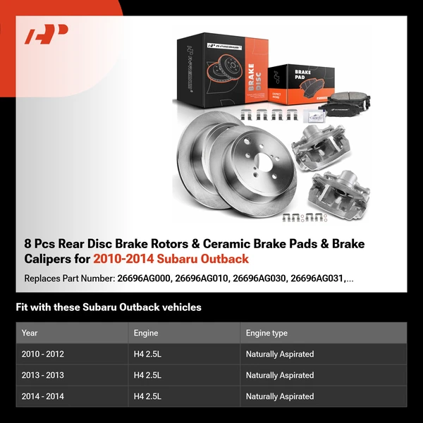 8 Pcs Rear Disc Brake Rotors & Ceramic Brake Pads & Brake Calipers for 2010-2014 Subaru Outback
