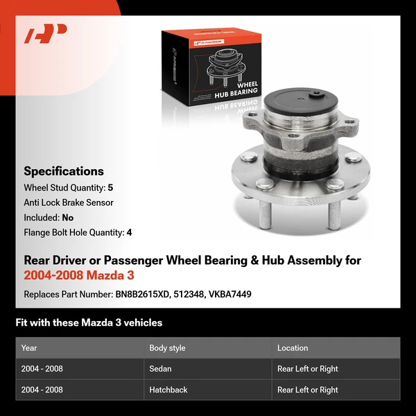 Rear Driver or Passenger Wheel Bearing & Hub Assembly for 2004-2008 Mazda 3