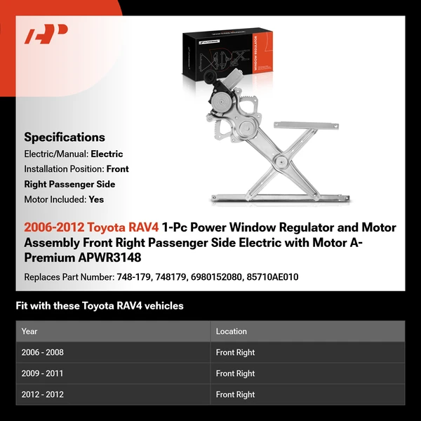 2006-2012 Toyota RAV4 1-Pc Power Window Regulator and Motor Assembly Front Right Passenger Side Electric with Motor A-Premium APWR3148