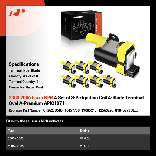 2003 2006 Isuzu NPR A Set of 8-Pc Ignition Coil 4-Blade Terminal Oval A-Premium APIC1071