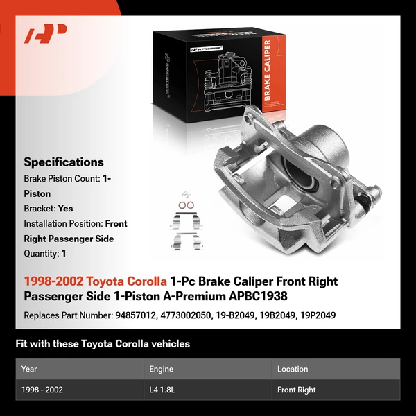 1998-2002 Toyota Corolla 1-Pc Brake Caliper Front Right Passenger Side 1-Piston A-Premium APBC1938
