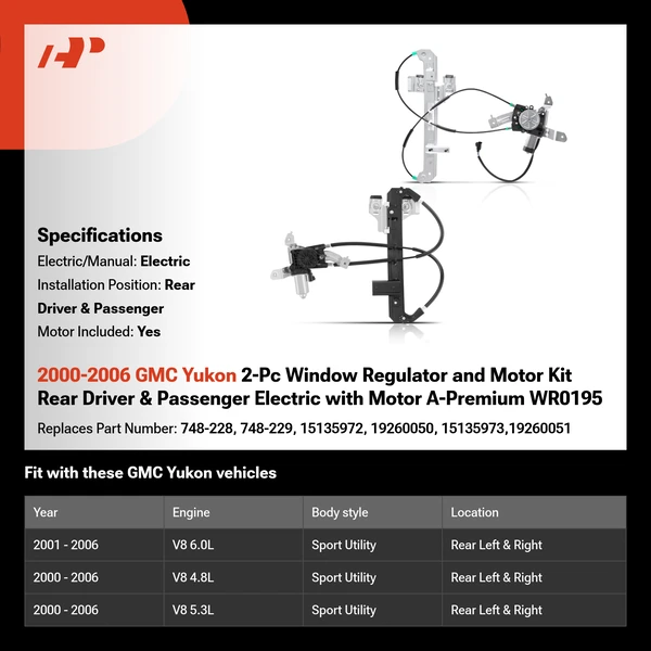 2000-2006 GMC Yukon 2-Pc Window Regulator and Motor Kit Rear Driver & Passenger Electric with Motor A-Premium WR0195