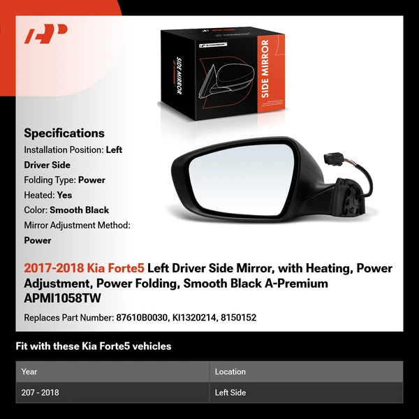 2017-2018 Kia Forte5 Left Driver Side Mirror, with Heating, Power Adjustment, Power Folding, Smooth Black A-Premium APMI1058TW