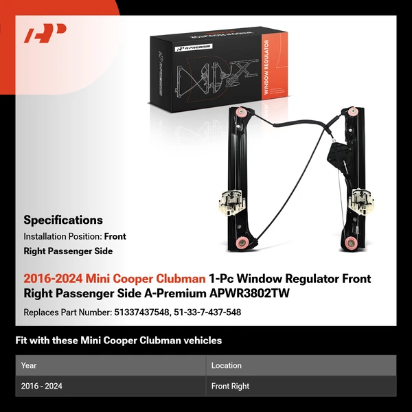 2016-2024 Mini Cooper Clubman 1-Pc Window Regulator Front Right Passenger Side A-Premium APWR3802TW