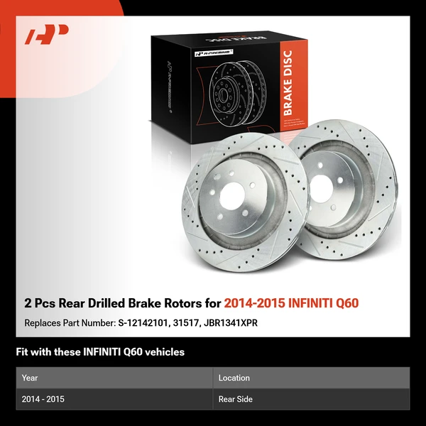 2 Pcs Rear Drilled Brake Rotors for 2014-2015 INFINITI Q60