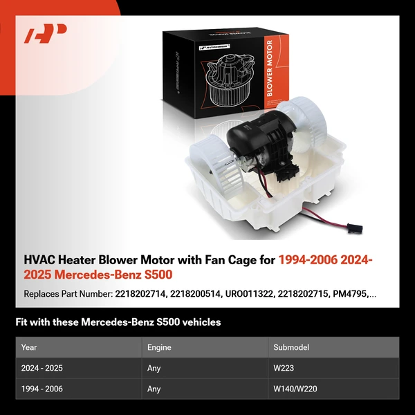 HVAC Heater Blower Motor with Fan Cage for 1994-2006 2024-2025 Mercedes-Benz S500