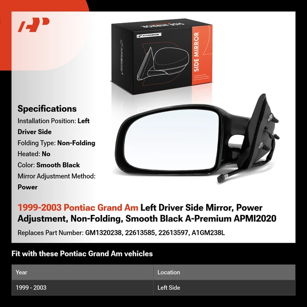 1999-2003 Pontiac Grand Am Left Driver Side Mirror, Power Adjustment, Non-Folding, Smooth Black A-Premium APMI2020