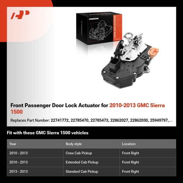 Front Passenger Door Lock Actuator for 2010-2013 GMC Sierra 1500
