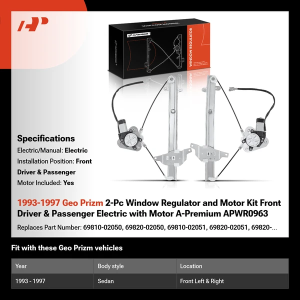 1993-1997 Geo Prizm 2-Pc Window Regulator and Motor Kit Front Driver & Passenger Electric with Motor A-Premium APWR0963