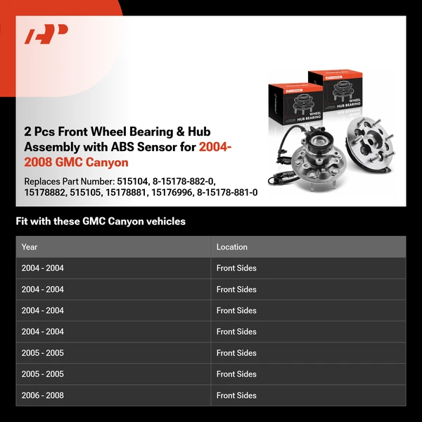 2 Pcs Front Wheel Bearing & Hub Assembly with ABS Sensor for 2004-2008 GMC Canyon
