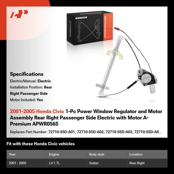2001-2005 Honda Civic 1-Pc Power Window Regulator and Motor Assembly Rear Right Passenger Side Electric with Motor A-Premium APWR0565
