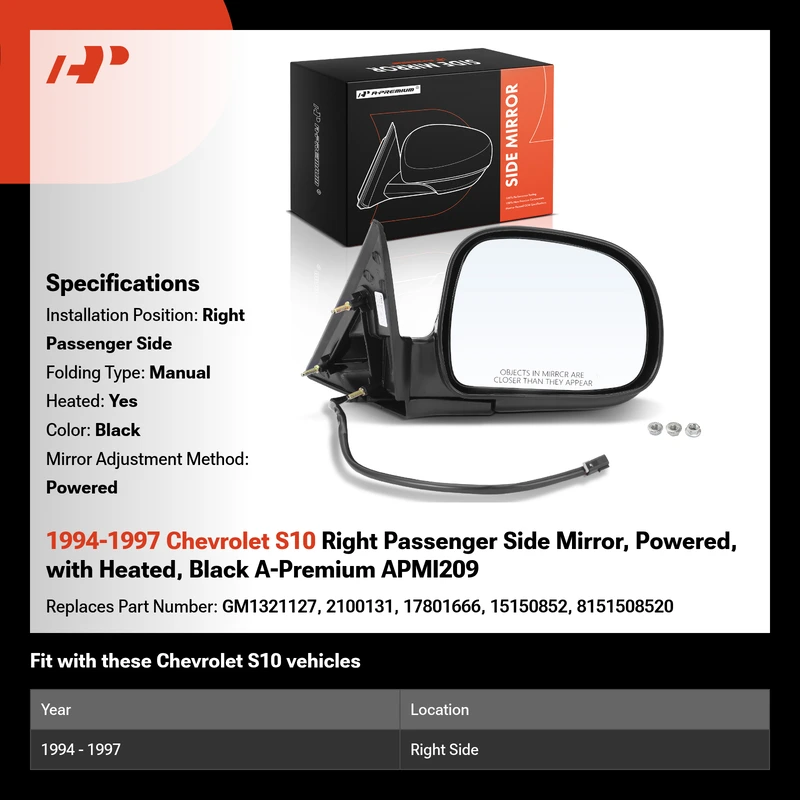 1994-1997 Chevrolet S10 Right Passenger Side Mirror, Powered, with Heated, Black A-Premium APMI209