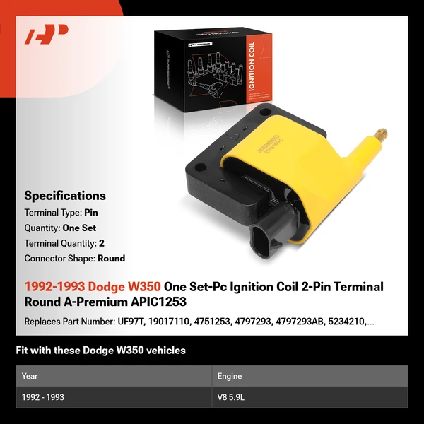 1992-1993 Dodge W350 One Set-Pc Ignition Coil 2-Pin Terminal Round A-Premium APIC1253