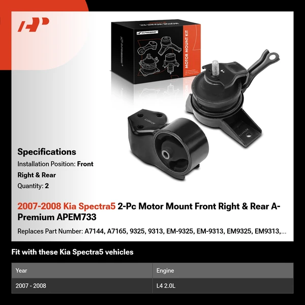 2007-2008 Kia Spectra5 2-Pc Motor Mount Front Right & Rear A-Premium APEM733