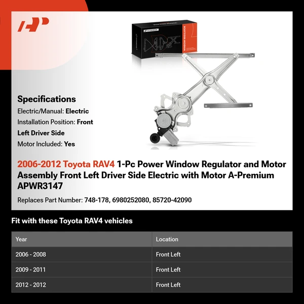 2006-2012 Toyota RAV4 1-Pc Power Window Regulator and Motor Assembly Front Left Driver Side Electric with Motor A-Premium APWR3147