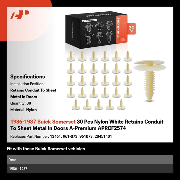 1986-1987 Buick Somerset 30 Pcs Nylon White Retains Conduit To Sheet Metal In Doors A-Premium APRCF2574