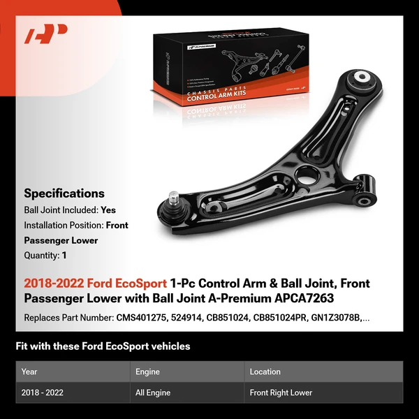 2018-2022 Ford EcoSport 1-Pc Control Arm & Ball Joint, Front Passenger Lower with Ball Joint A-Premium APCA7263