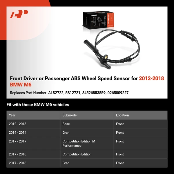 Front Driver or Passenger ABS Wheel Speed Sensor for 2012-2018 BMW M6