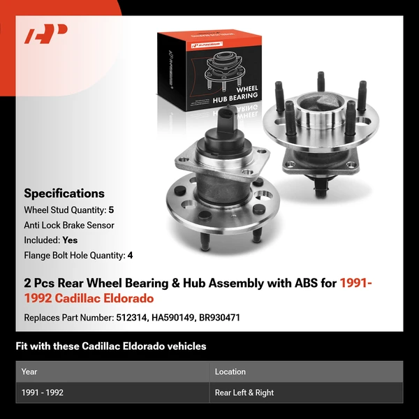 2 Pcs Rear Wheel Bearing & Hub Assembly with ABS for 1991-1992 Cadillac Eldorado