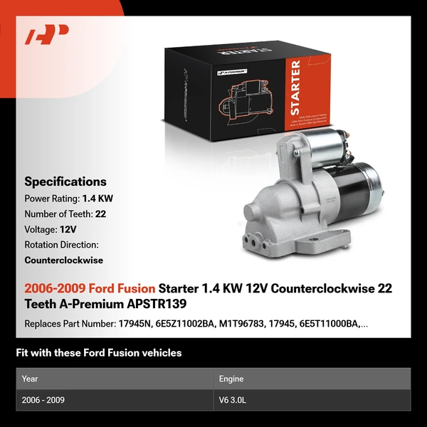2006-2009 Ford Fusion Starter 1.4 KW 12V Counterclockwise 22 Teeth A-Premium APSTR139