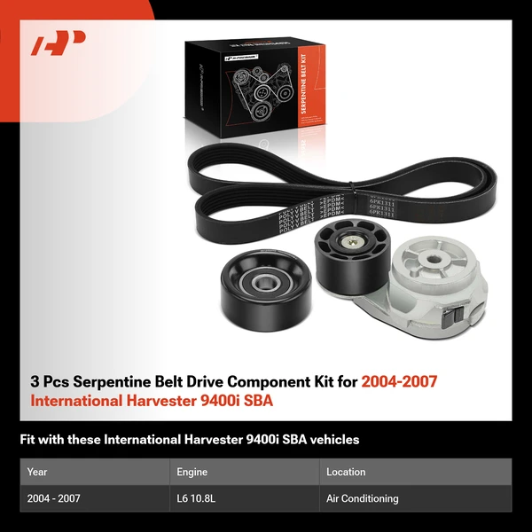 3 Pcs Serpentine Belt Drive Component Kit for 2004-2007 International Harvester 9400i SBA