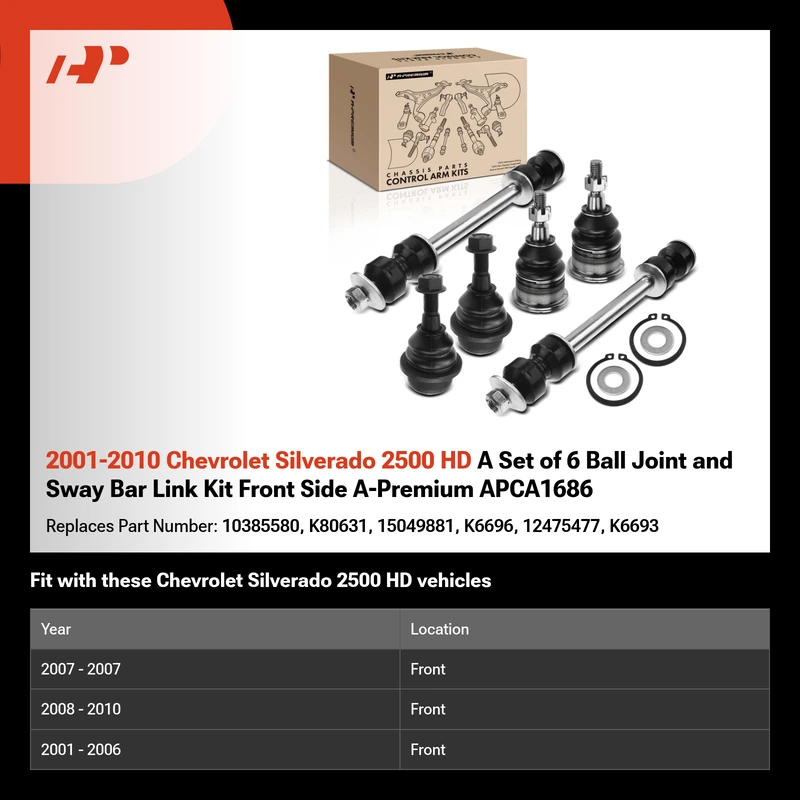 2001-2010 Chevrolet Silverado 2500 HD A Set of 6 Ball Joint and Sway Bar Link Kit Front Side A-Premium APCA1686