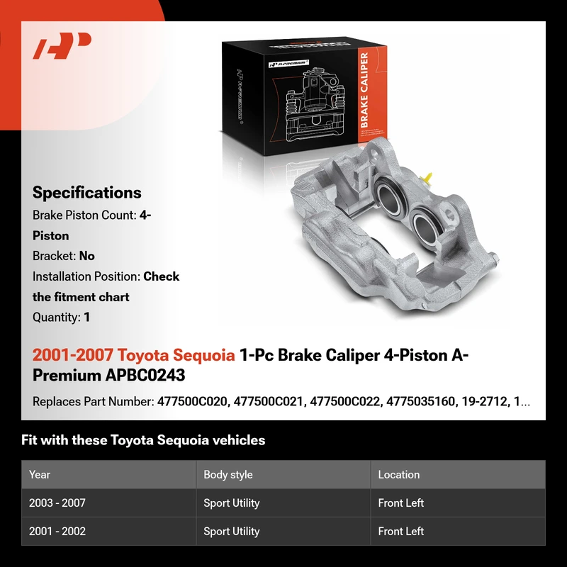 2001-2007 Toyota Sequoia 1-Pc Brake Caliper 4-Piston A-Premium APBC0243