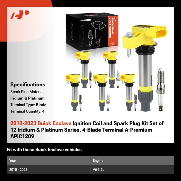 2010-2023 Buick Enclave Ignition Coil and Spark Plug Kit Set of 12 Iridium & Platinum Series, 4-Blade Terminal A-Premium APIC1209