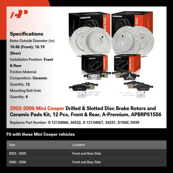 2002-2006 Mini Cooper Drilled & Slotted Disc Brake Rotors and Ceramic Pads Kit, 12 Pcs, Front & Rear, A-Premium, APBRPS1556