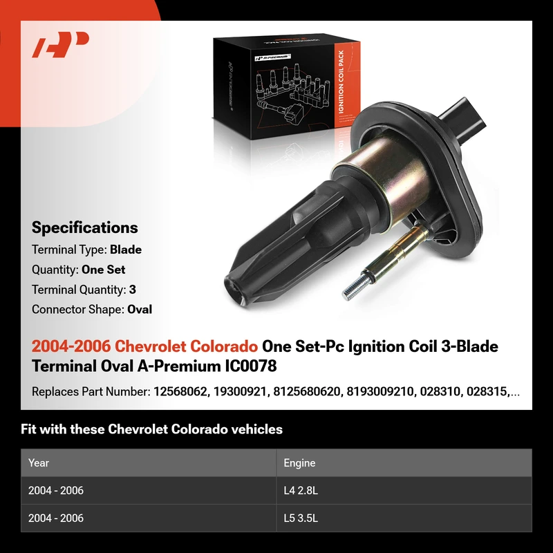 2004-2006 Chevrolet Colorado One Set-Pc Ignition Coil 3-Blade Terminal Oval A-Premium IC0078