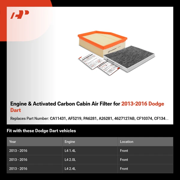 Engine & Activated Carbon Cabin Air Filter for 2013-2016 Dodge Dart