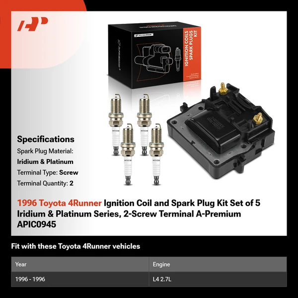 1996 Toyota 4Runner Ignition Coil and Spark Plug Kit Set of 5 Iridium & Platinum Series, 2-Screw Terminal A-Premium APIC0945