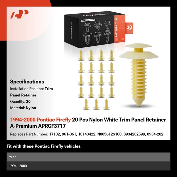 1994-2000 Pontiac Firefly 20 Pcs Nylon White Trim Panel Retainer A-Premium APRCF3717