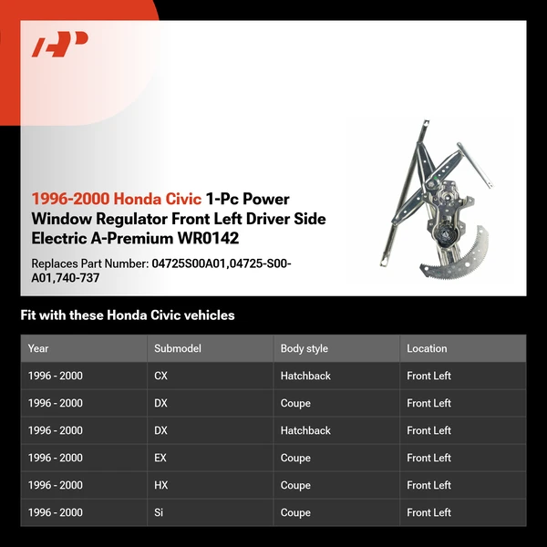 1996-2000 Honda Civic 1-Pc Power Window Regulator Front Left Driver Side Electric A-Premium WR0142