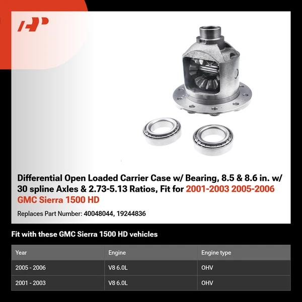 Differential Open Loaded Carrier Case w/ Bearing, 8.5 & 8.6 in. w/ 30 spline Axles & 2.73-5.13 Ratios, Fit for 2001-2003 2005-2006 GMC Sierra 1500 HD