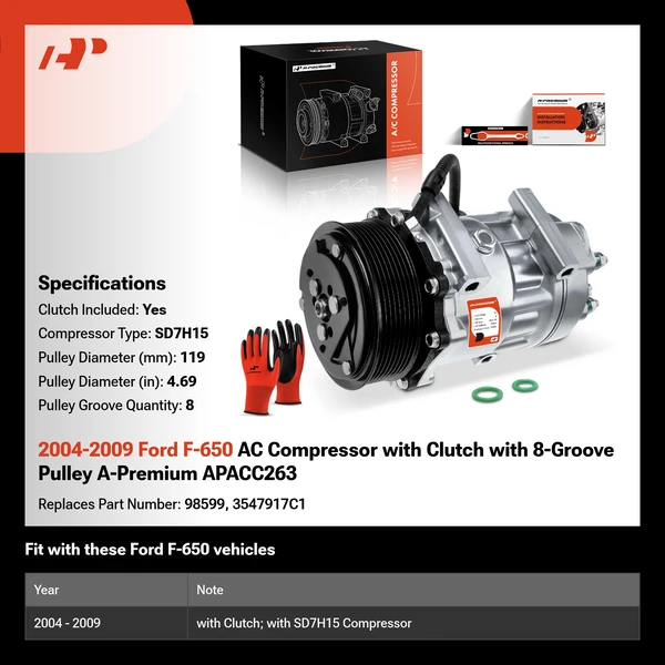 2004-2009 Ford F-650 AC Compressor with Clutch with 8-Groove Pulley A-Premium APACC263