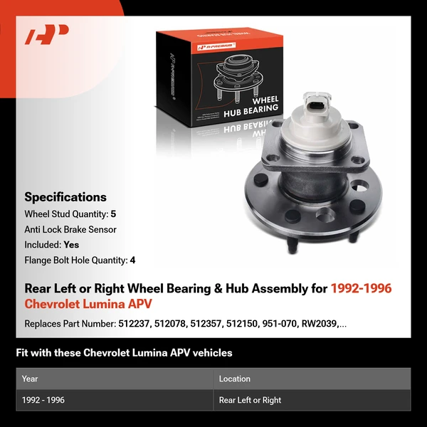 Rear Left or Right Wheel Bearing & Hub Assembly for 1992-1996 Chevrolet Lumina APV