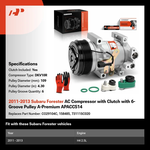 2011-2013 Subaru Forester AC Compressor with Clutch with 6-Groove Pulley A-Premium APACC514